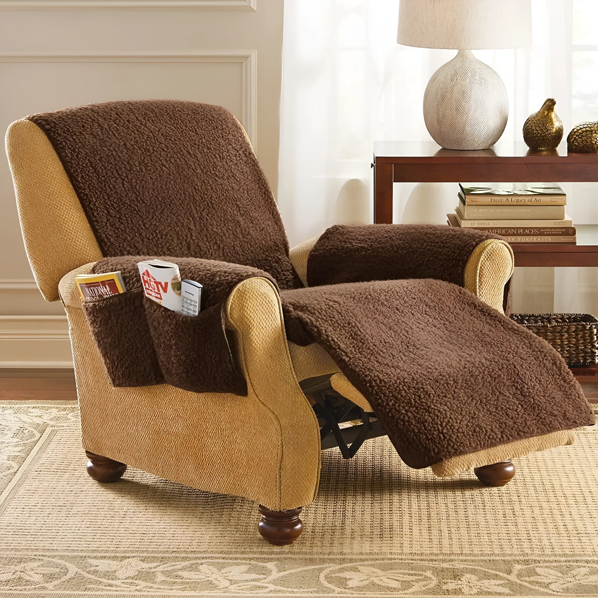 Lambswool-style polyester sofa cushion cover in beige, shown on a chair, with size options for 55cm, 64cm, and 71cm seat widths.