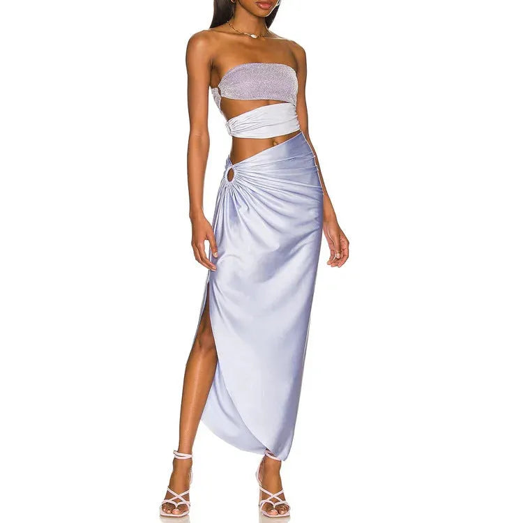 Purple women's swimsuit and wrap skirt set made from quick-drying polyester fabric