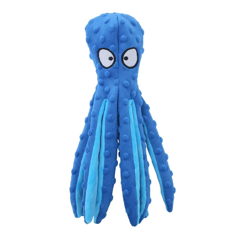 Blue octopus-shaped dog chew toy with crinkle sounds, unfilled construction, bite-resistant mesh material