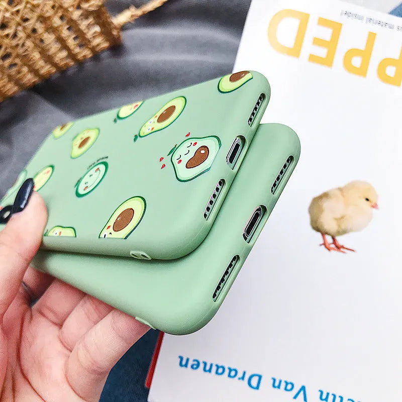 Avocado cartoon design on a flexible TPU mobile phone back cover case.