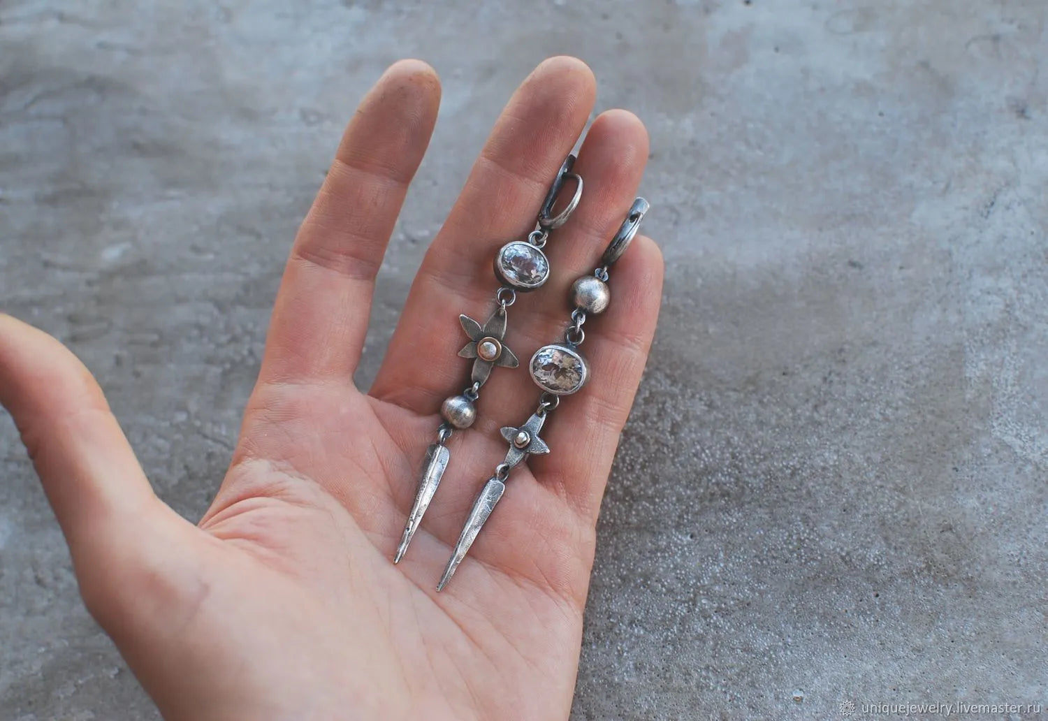 Geometric antique silver earrings with long rhinestone XINGX pendant