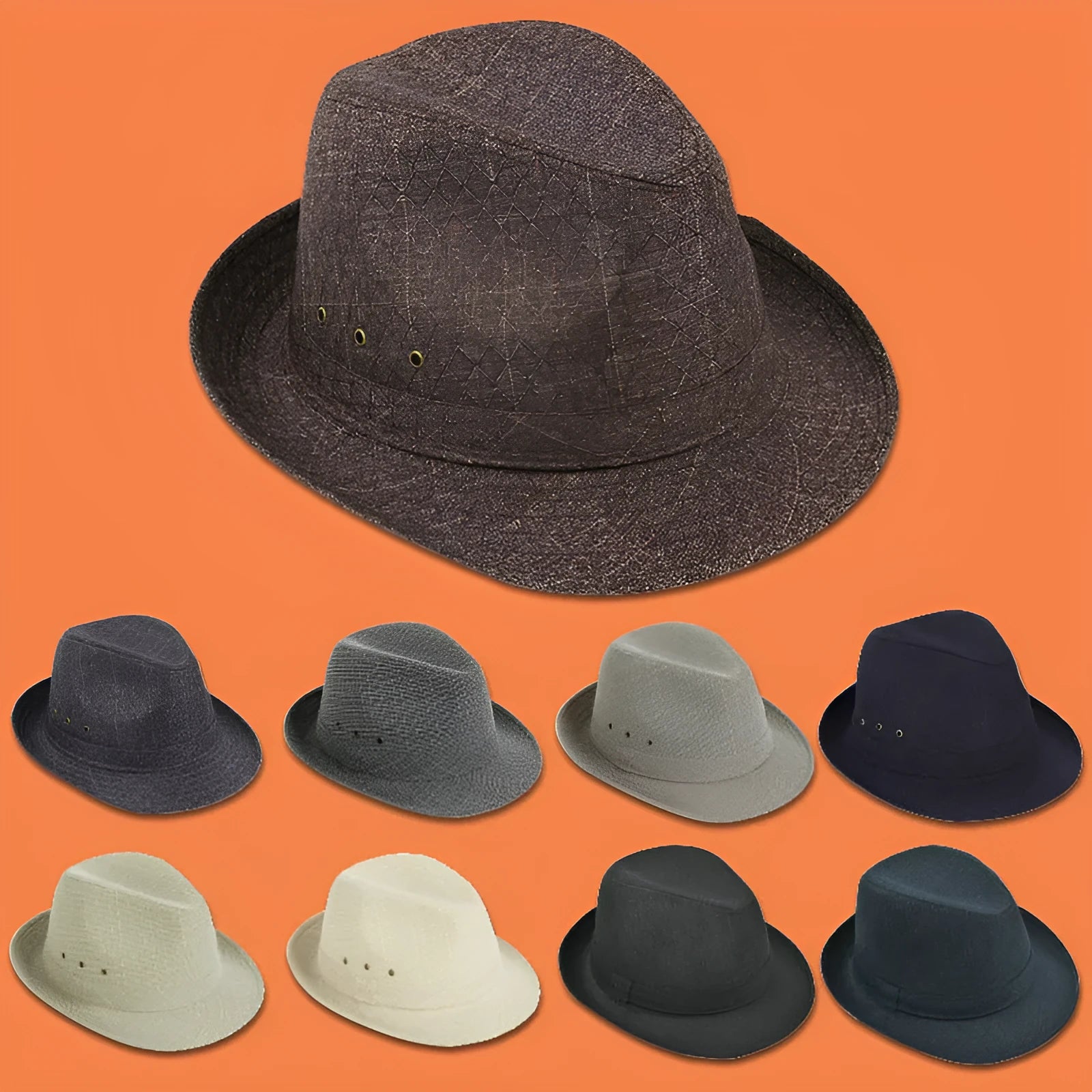 Men's thickened suit material fedora hat shown in multiple colours including black, navy blue, and hemp beige