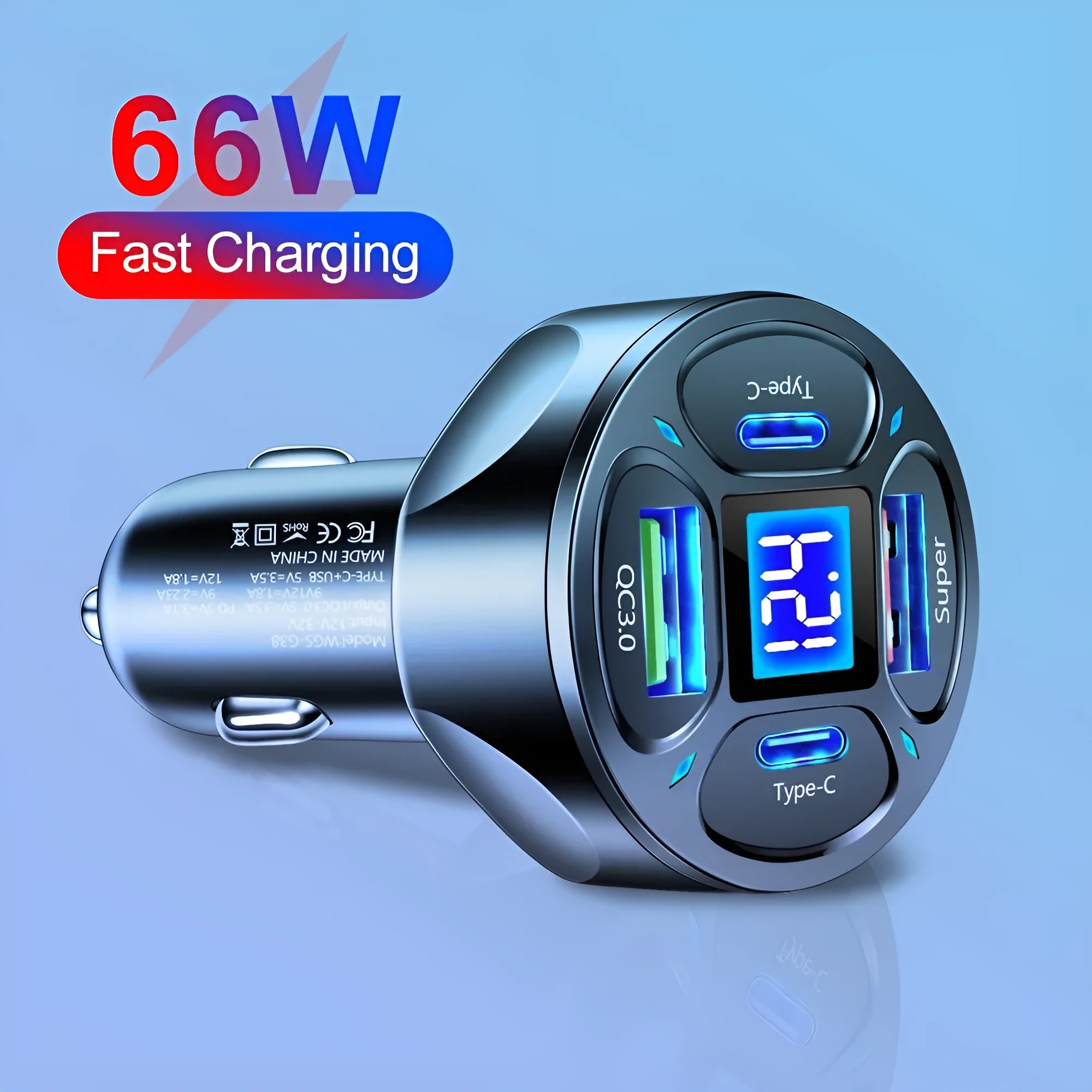 Black 66W digital display car charger with two USB ports and two Type-C ports.