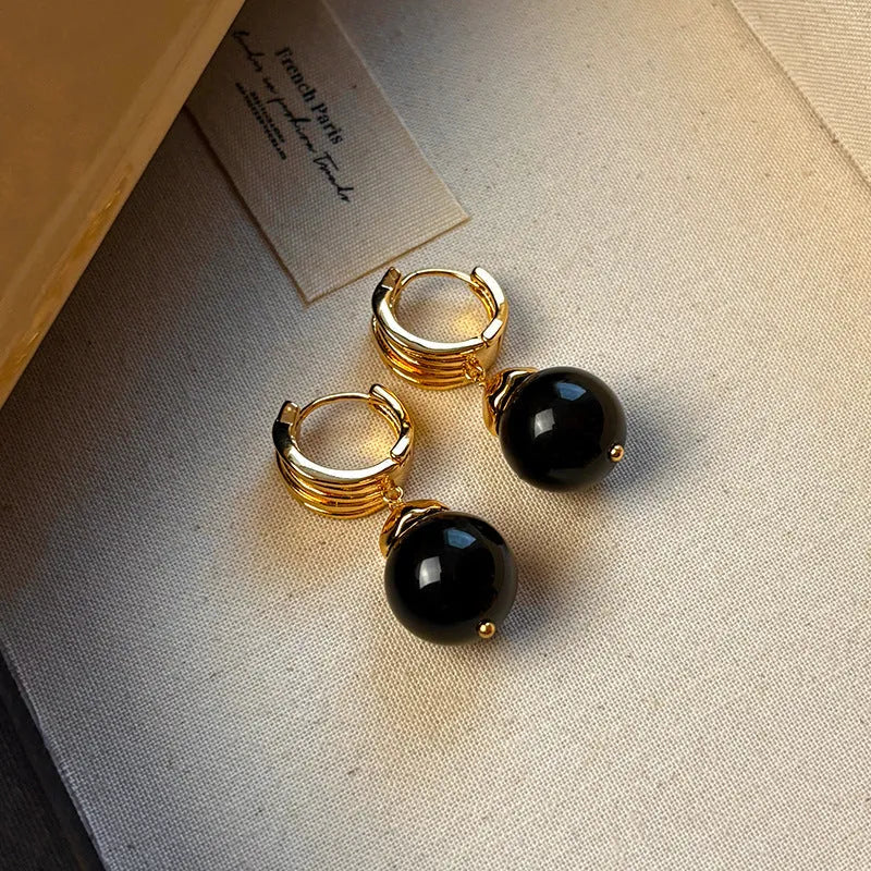 Geometric tigereye earrings with gold plating in brown and black French retro styles