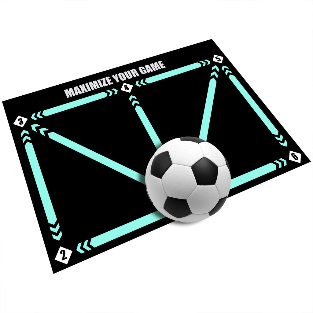 Black football training mat measuring 60 by 90 centimetres with non-slip base