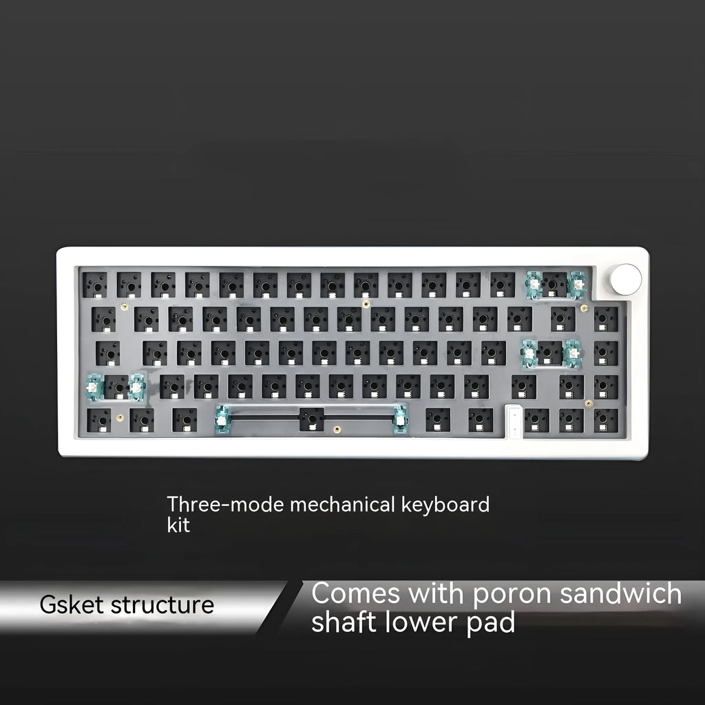 DIY mechanical keyboard kit components with RGB keys and knob on a black ABS case.