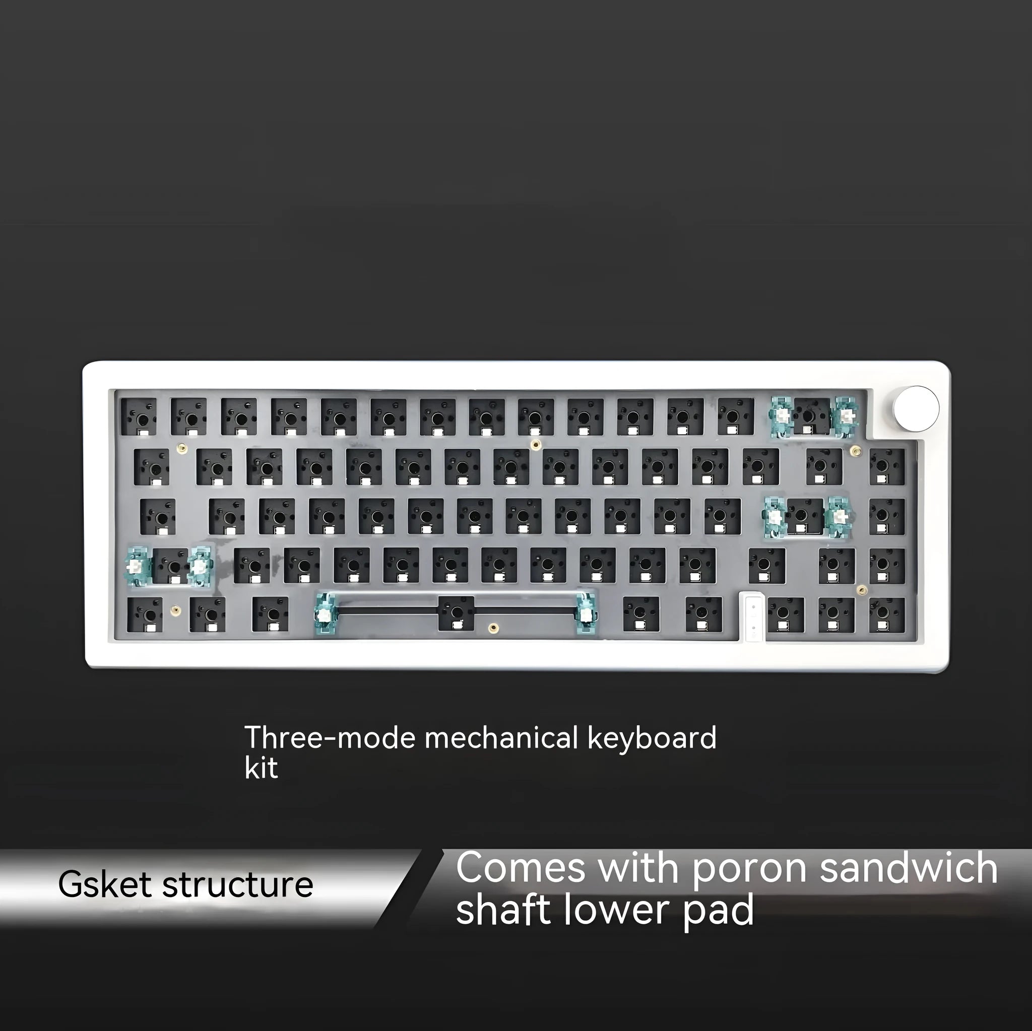DIY mechanical keyboard kit components with RGB keys and knob on a black ABS case.