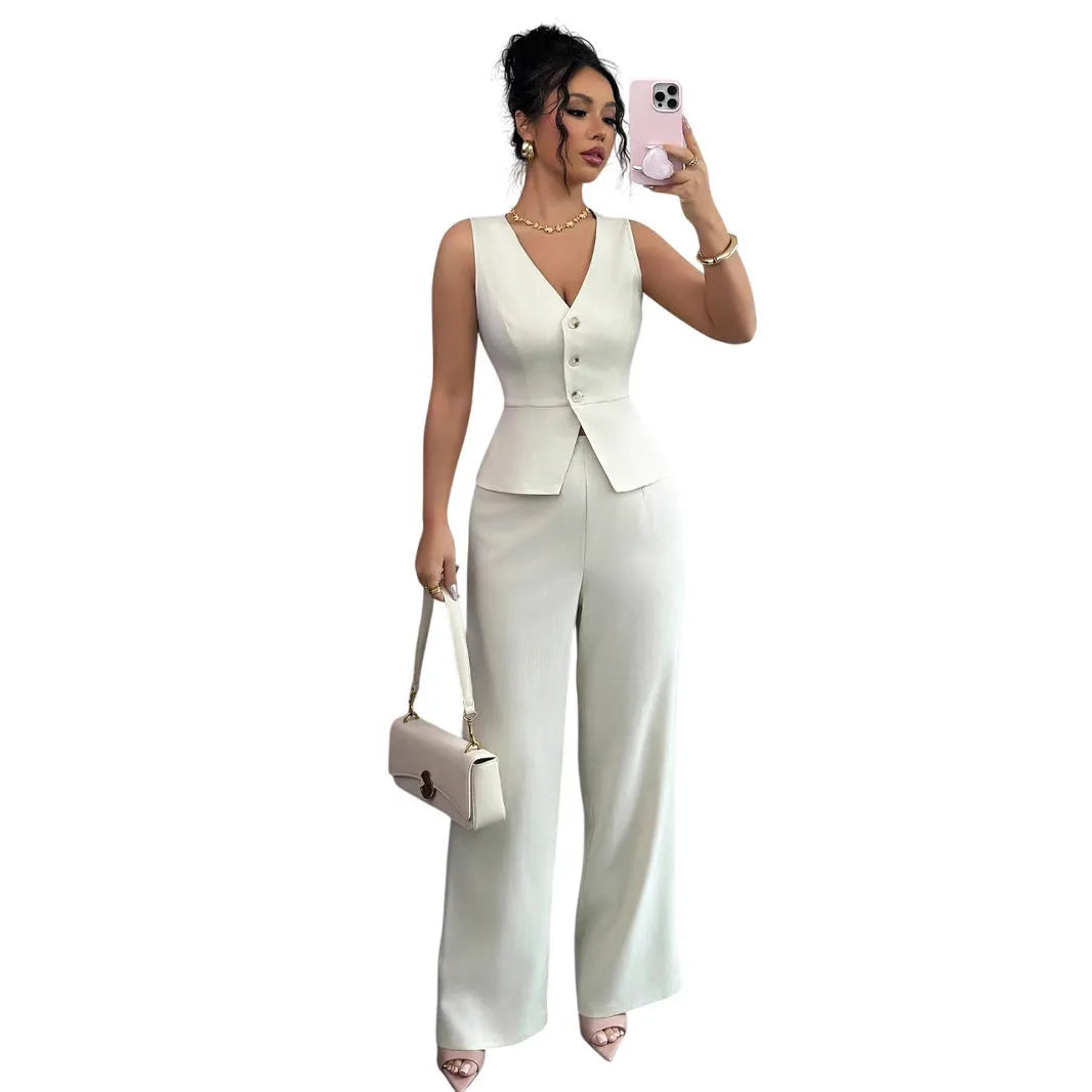 Women's solid colour two-piece set with sleeveless vest and high-waist trousers in casual styling