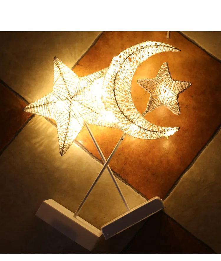 Rattan and PC LED star, heart, and moon shaped battery operated decorative lamps.