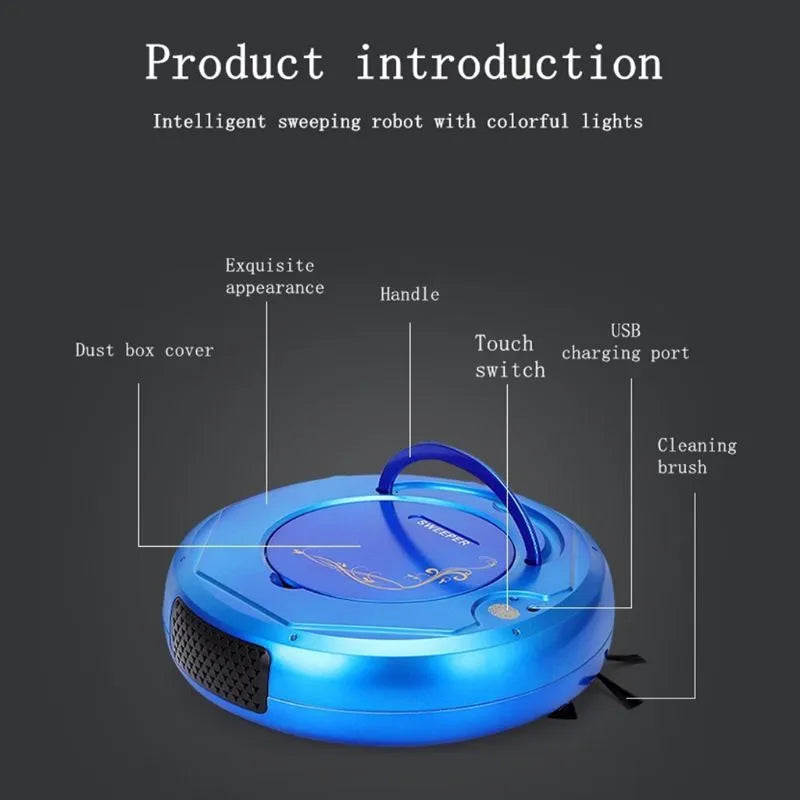 Smart floor sweeping robot vacuum cleaner in black, blue, or white colours with charging cable and cleaning attachments