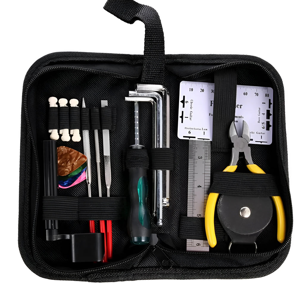 Black guitar repair tool kit for guitar bass mandolin banjo maintenance with case dimensions 200x100x45mm