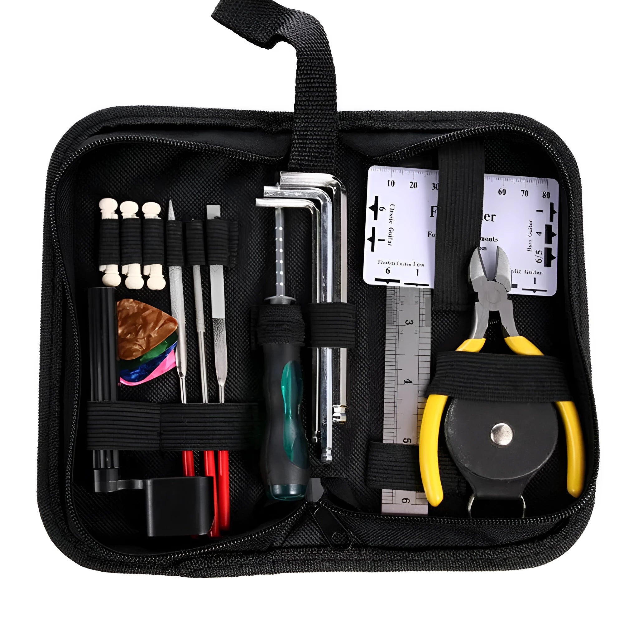 Black guitar repair tool kit for guitar bass mandolin banjo maintenance with case dimensions 200x100x45mm