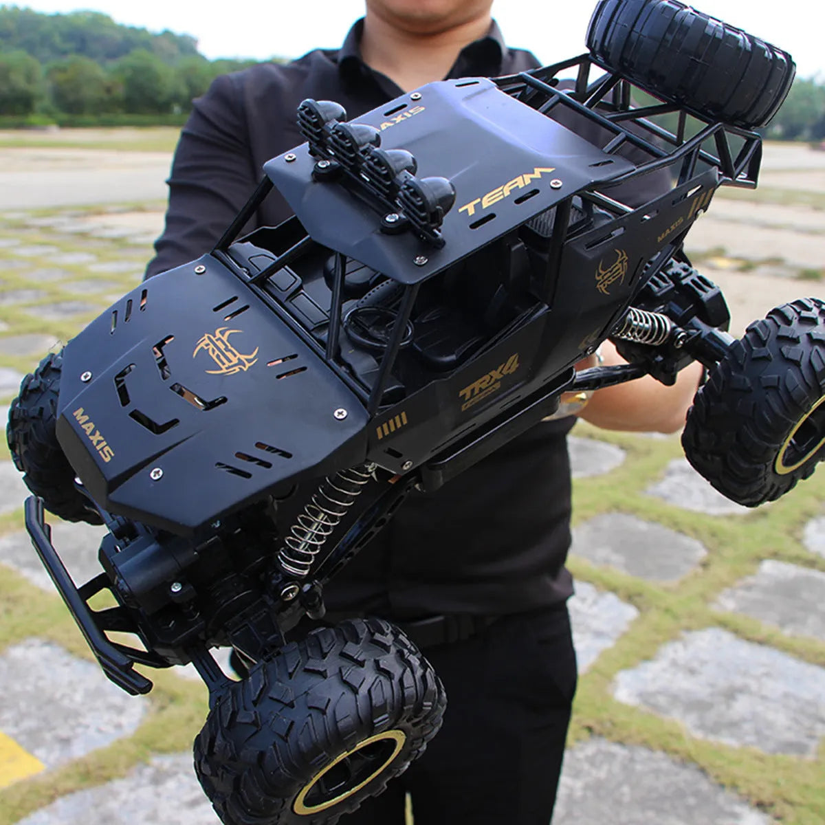 Black and silver 4WD remote control off-road climbing cars on rough terrain showing two size options.