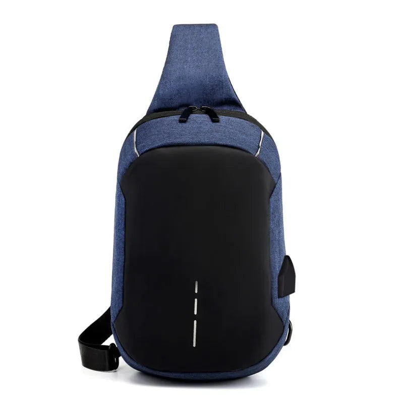 Small dark blue oxford cloth waterproof chest bag with a zipper and car suture detailing.