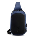 Small dark blue oxford cloth waterproof chest bag with a zipper and car suture detailing.