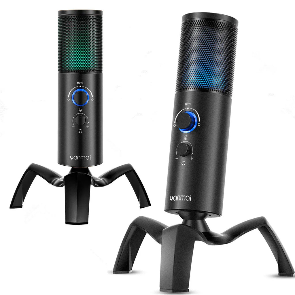 Black Q18 bidirectional USB condenser microphone with RGB lighting on adjustable tripod