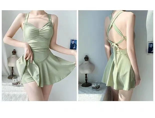 Women's holiday boxer swimsuit in solid colour, one-piece backless design with spandex lining