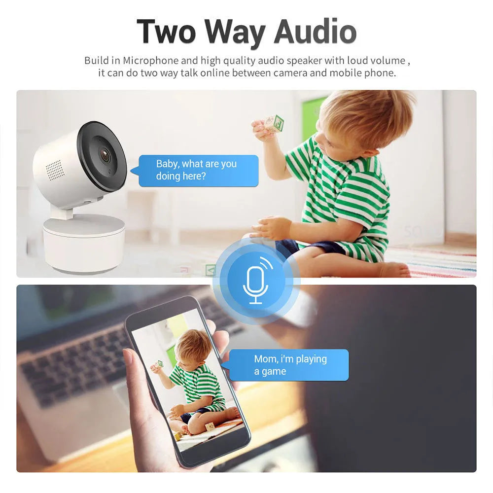 White indoor WiFi security camera with 1080p lens on a swivelling base for PTZ movement.