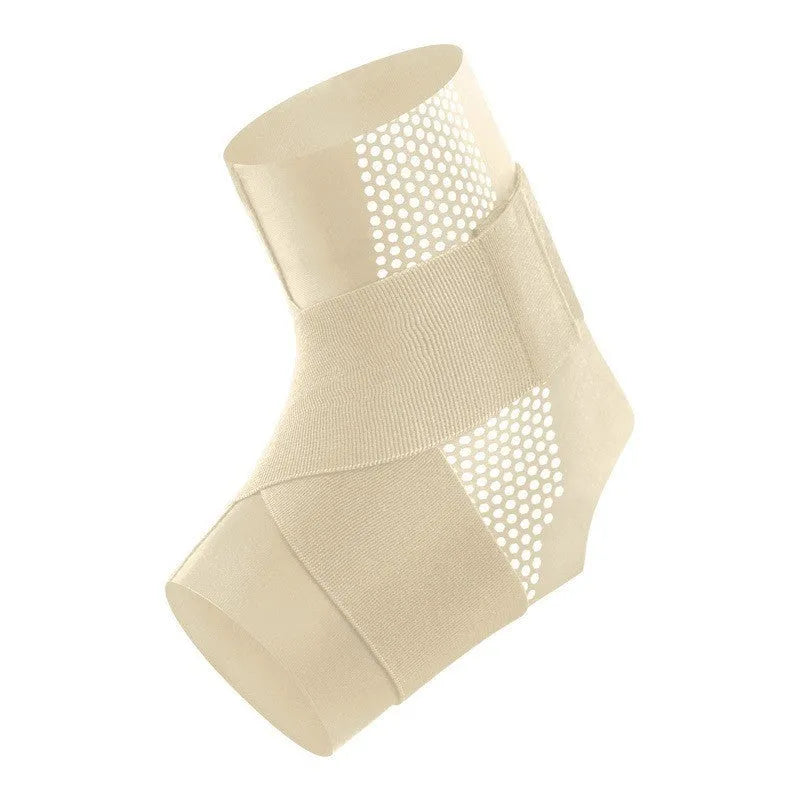 Black Lycra ankle support brace shown wrapped around an adult ankle