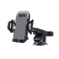 Black universal adjustable car phone holder mounted on a car air vent, showing EVA foam lining inside the cradle.