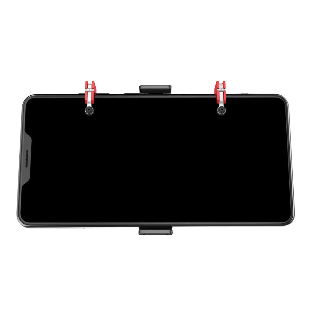 Black mobile phone gaming bracket with a metal trigger and telescopic fixing clip for phones.