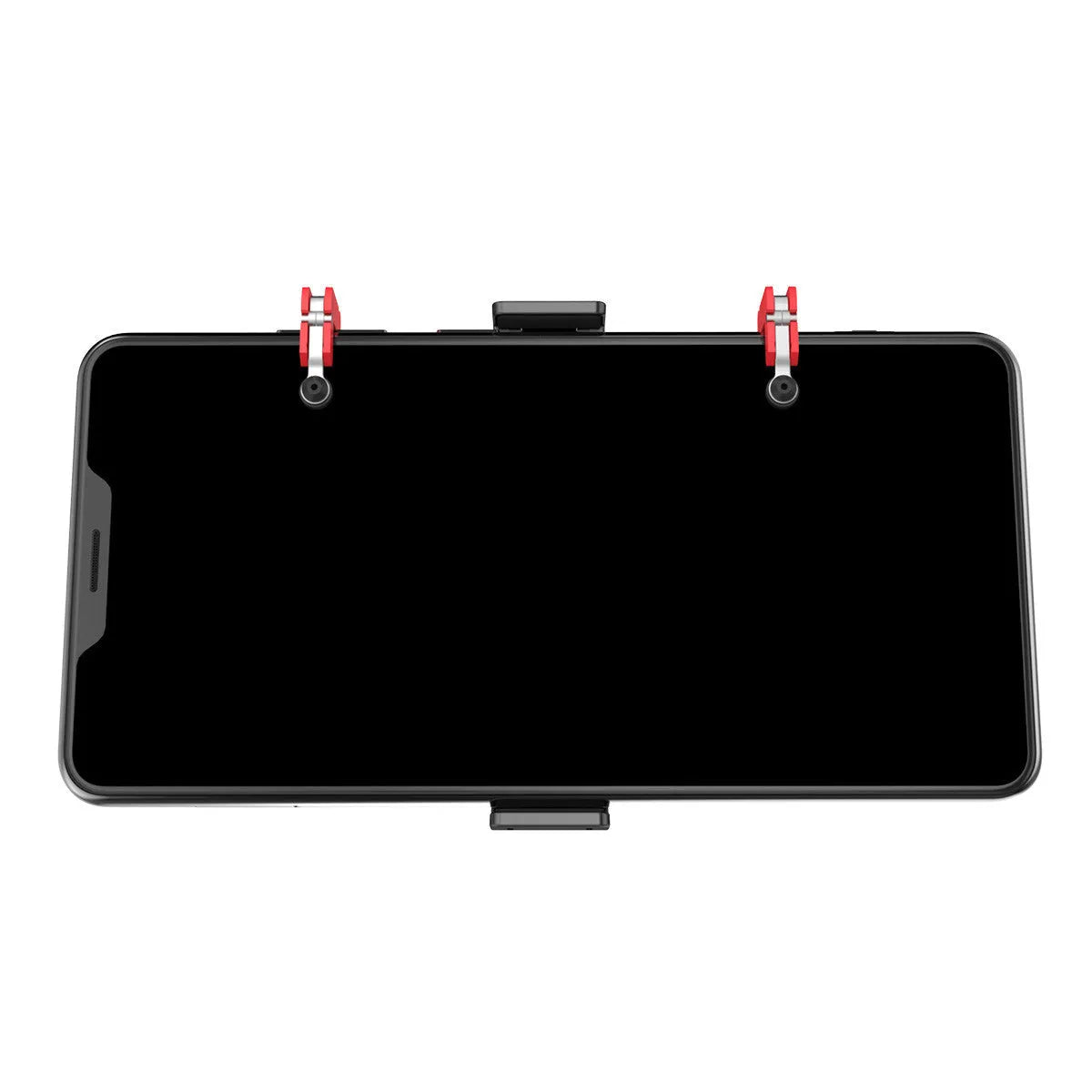 Black mobile phone gaming bracket with a metal trigger and telescopic fixing clip for phones.