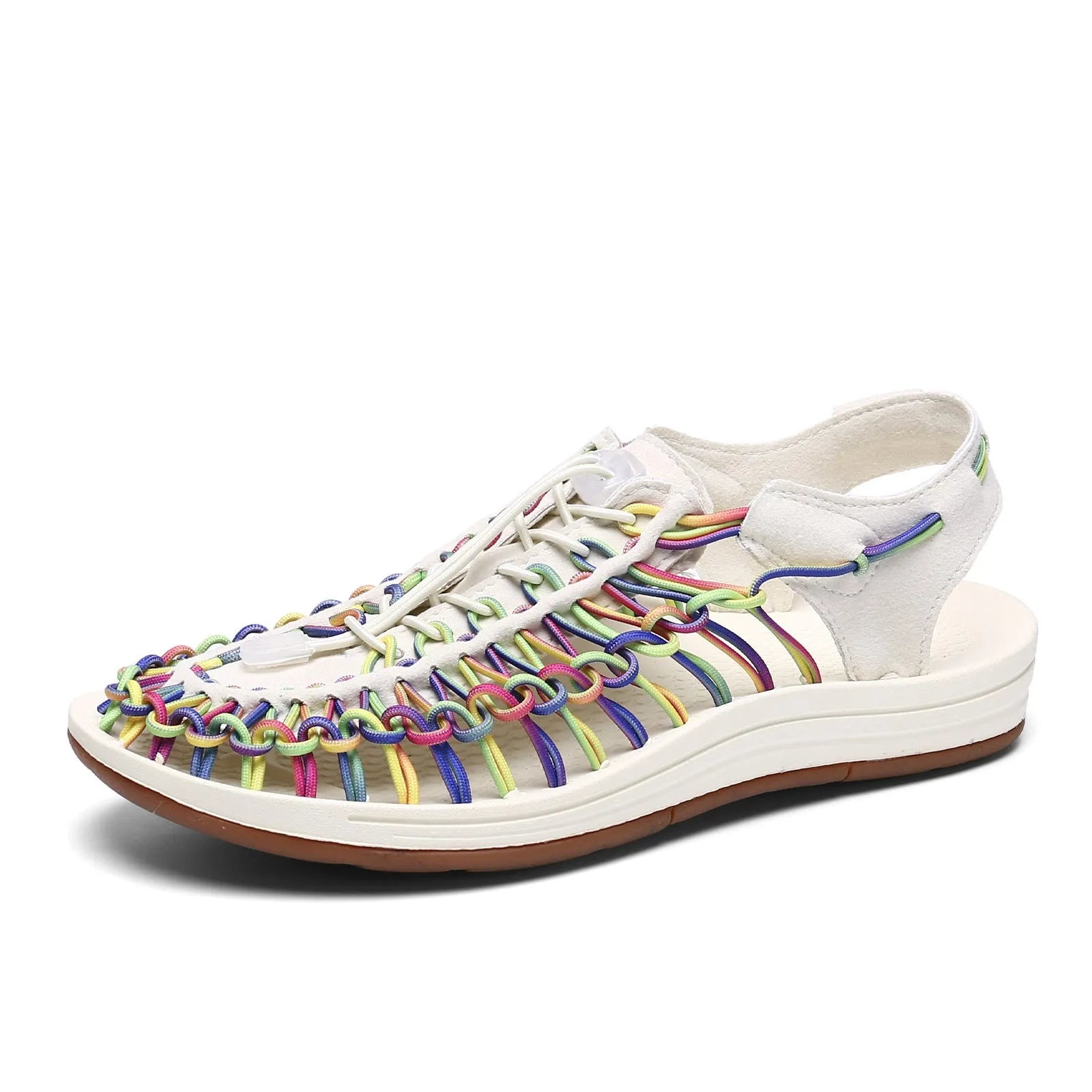 Woven sandals with elastic drawstring tie in rainbow colour with rubber sole