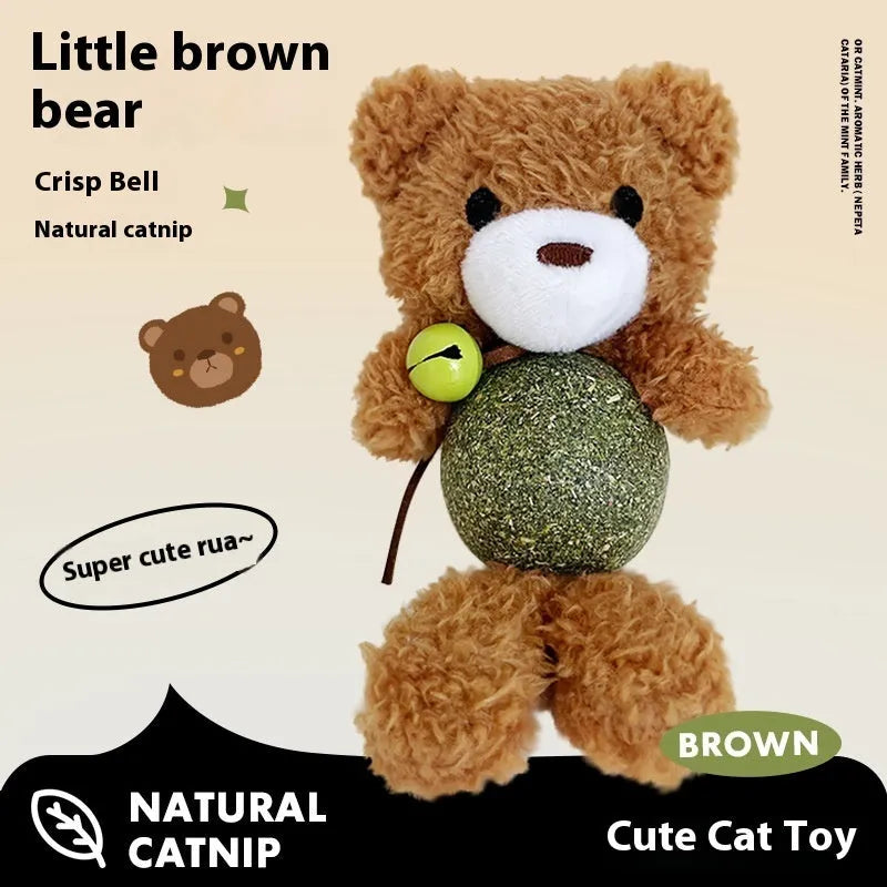 Plush catnip ball toy with mint ball inside and bell, measuring 15cm high, in assorted animal colour designs