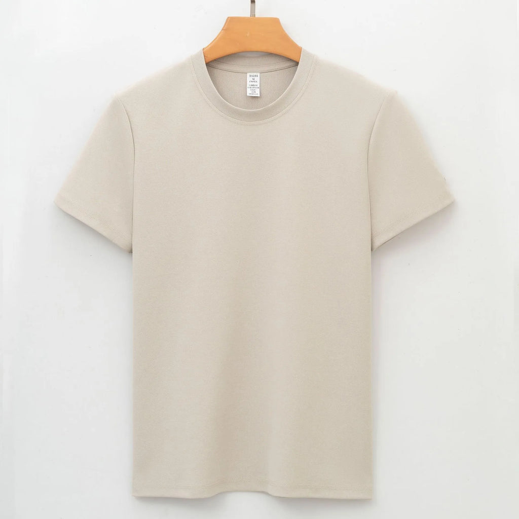 Men's solid colour antibacterial quick-dry short sleeve t-shirt on a hanger, straight cut style.