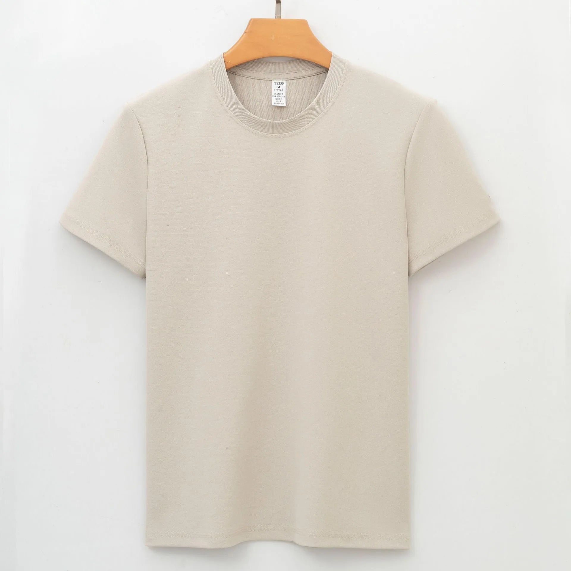 Men's solid colour antibacterial quick-dry short sleeve t-shirt on a hanger, straight cut style.