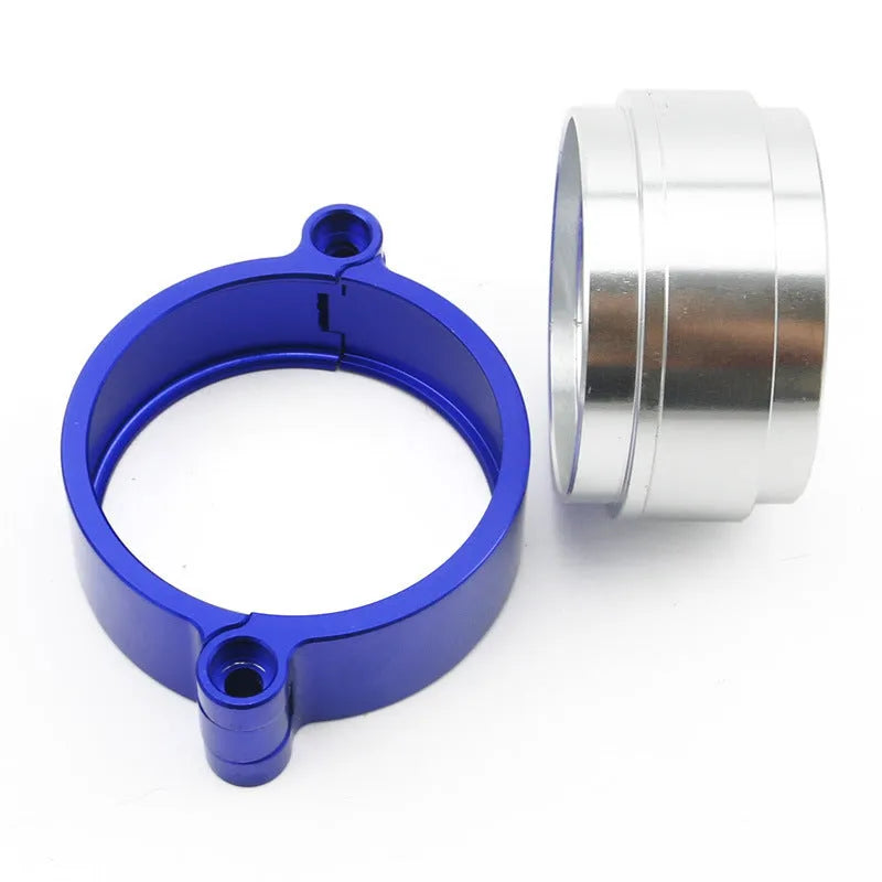 Aluminium fixed movement clamp for turbo exhaust downspouts in black, shown next to a 2.5inch and 3inch size comparison.