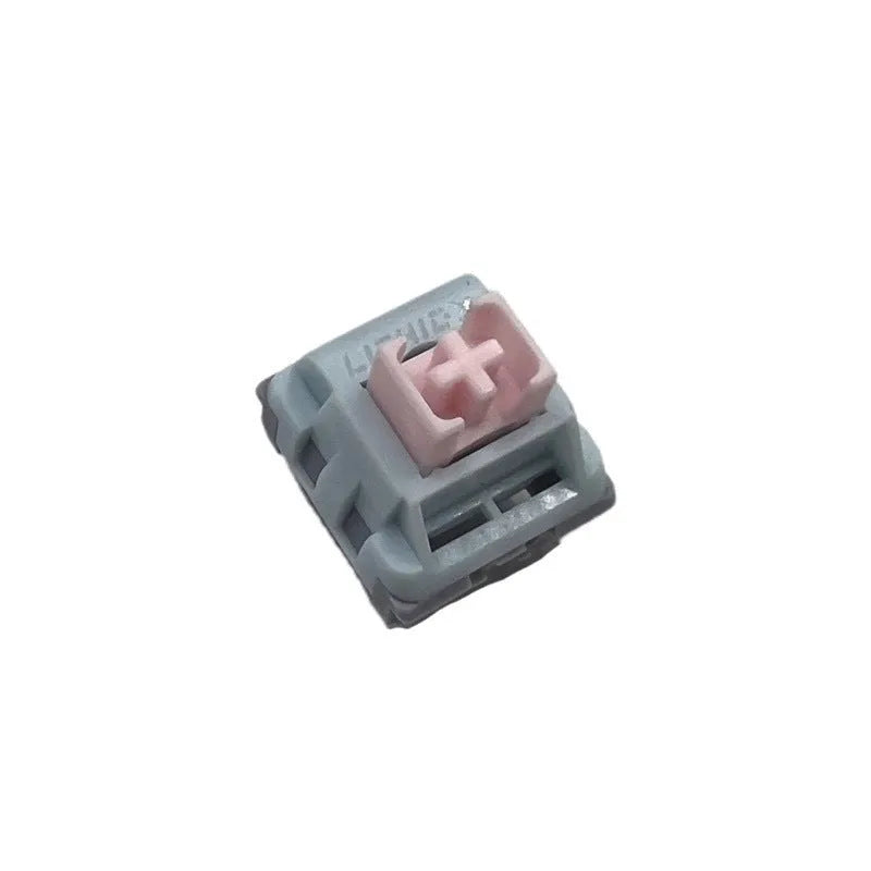 Four Dew Axis-4 custom linear mute mechanical keyboard switch bottoms showing three-colour shaft core