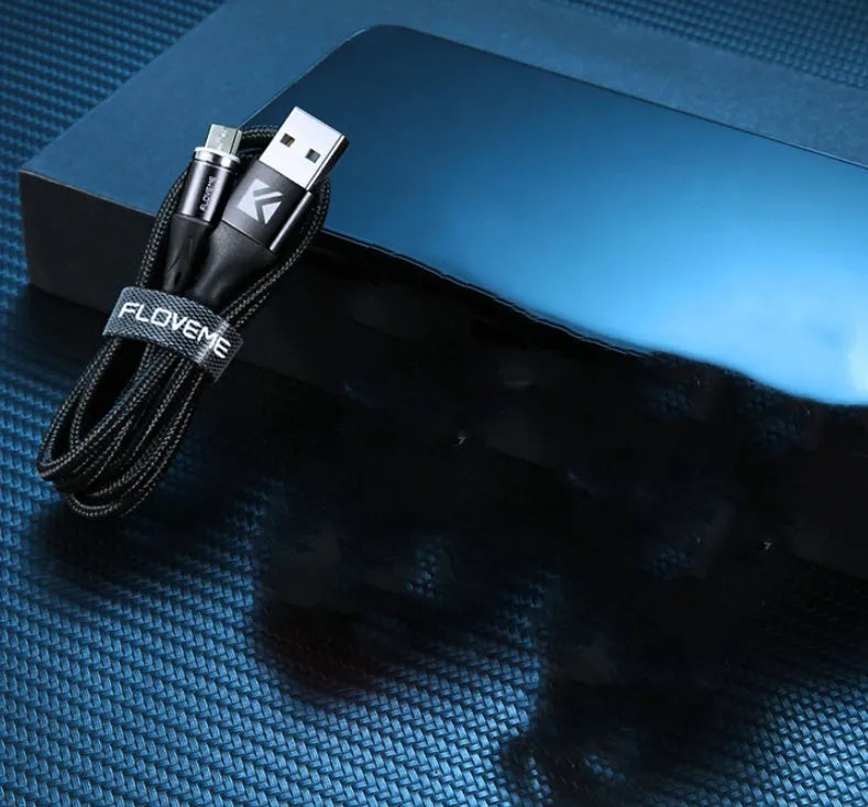 Black magnetic USB fast-charging cable with LED light, compatible with Apple iPhone and Android phones