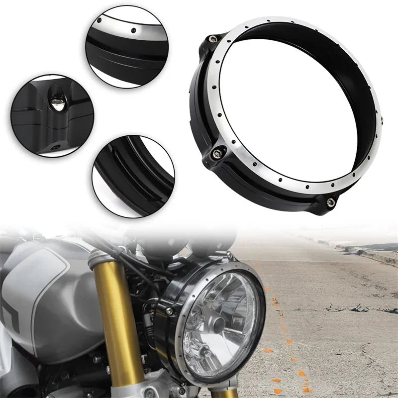 Black CNC aluminium headlight protective frame for BMW R NineT Scrambler motorcycle 2014-2017