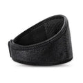 Black self-heating magnetic therapy neck guard with adjustable shoulder strap laid flat.