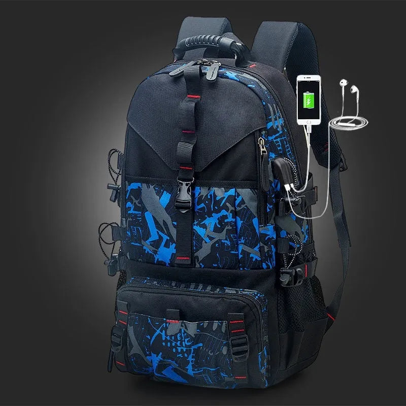 Men's waterproof Oxford cloth hiking backpack showing 56-75L capacity and air pillow belt system in black colour option