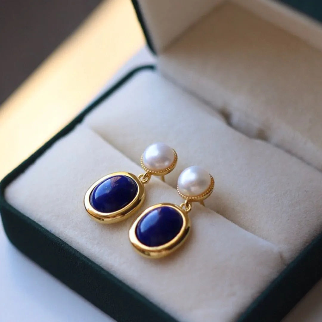 Lapis lazuli pearl drop earrings in 925 silver with auspicious patterns