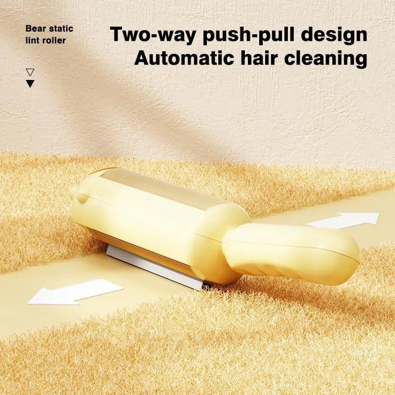 Blue reusable pet hair remover tool with self-cleaning base for furniture and cars