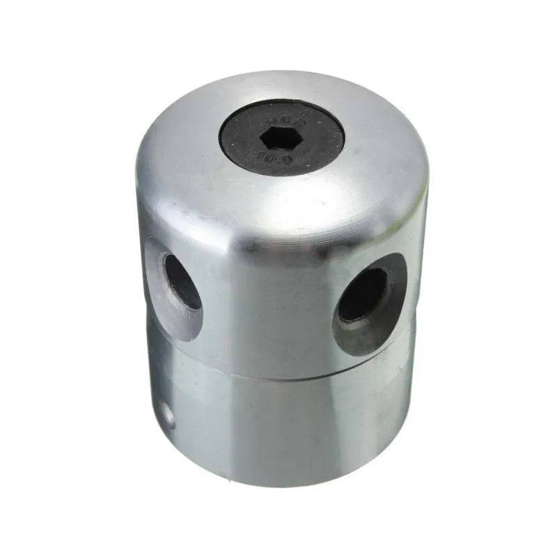 Silver aluminium grass trimmer head with light yellow square lines and wrench for lawn mower