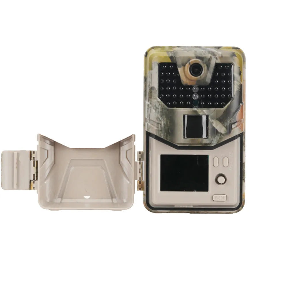 Compact camouflage outdoor Bluetooth hunting camera with infrared LEDs for night vision.