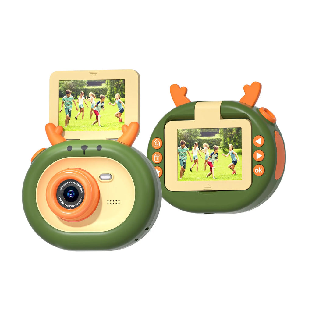 Purple and dark green children's digital camera with flip screen showing dimensions 9.8 x 7.9 x 3.8 cm