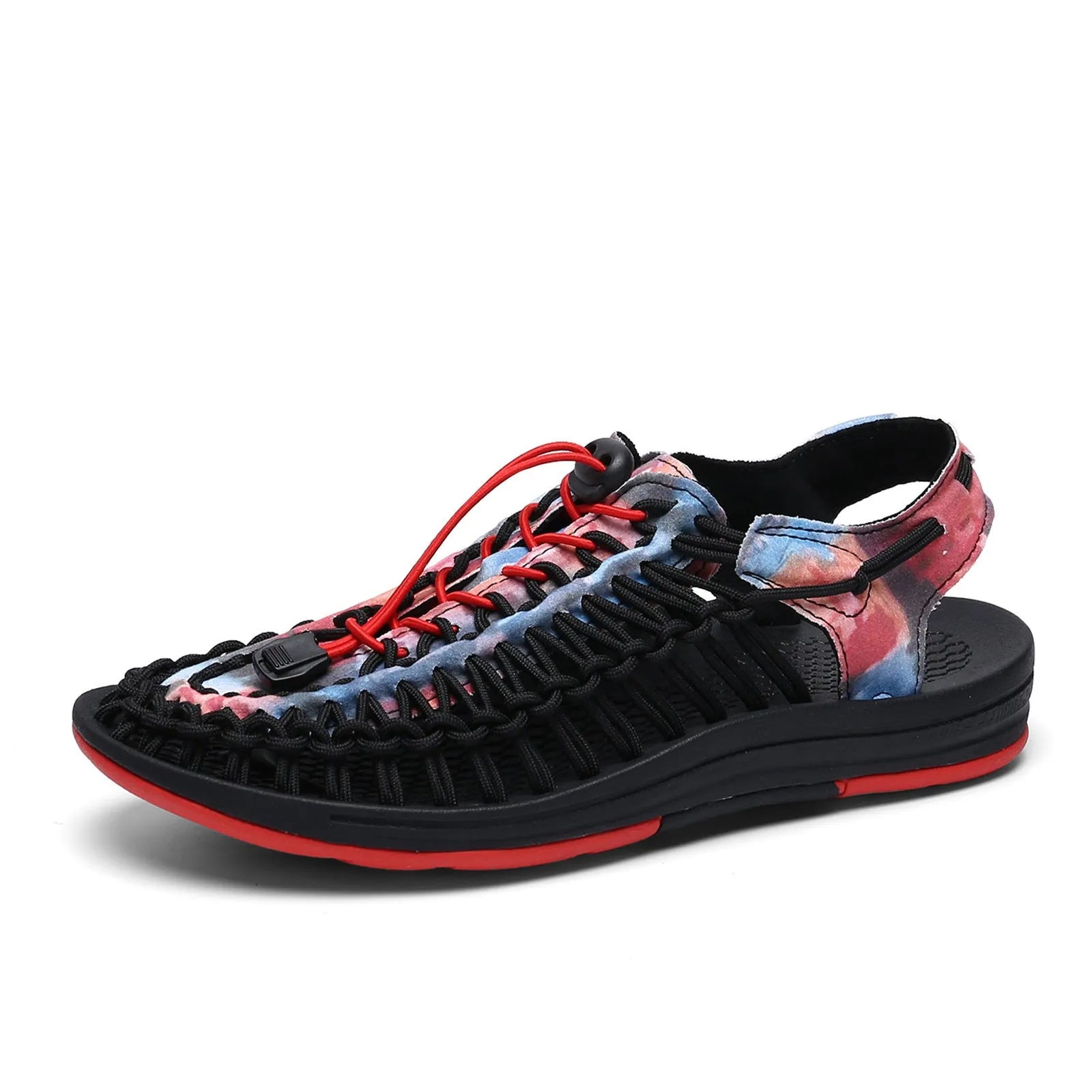 Woven sandals with elastic drawstring tie in rainbow colour with rubber sole