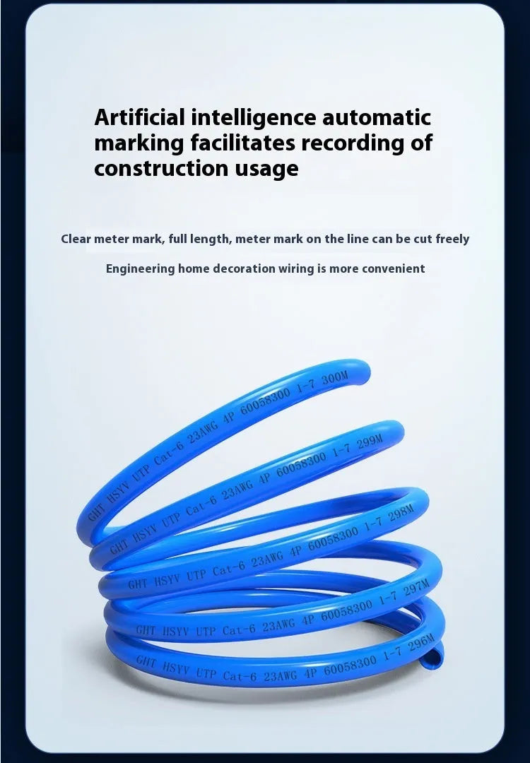 305-metre drum of blue Cat 6 oxygen-free copper gigabit network cable with specifications label.