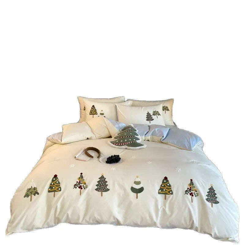 Pure cotton bedding set with embroidered Christmas trees on duvet cover, sheet, and pillowcases in cream blue or green.