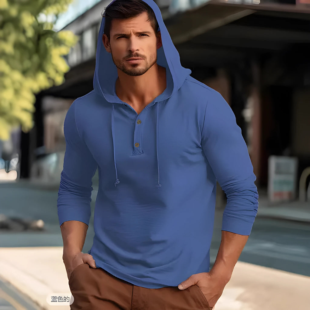 Men's cotton pullover hoodie in dark blue colour with long sleeves