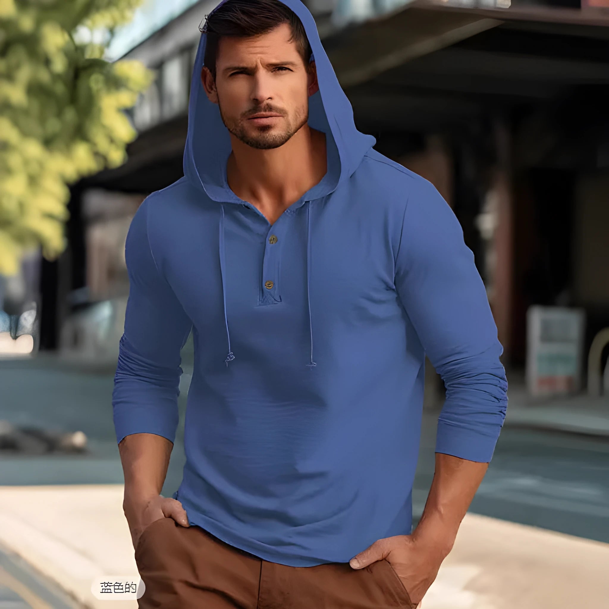 Men's cotton pullover hoodie in dark blue colour with long sleeves