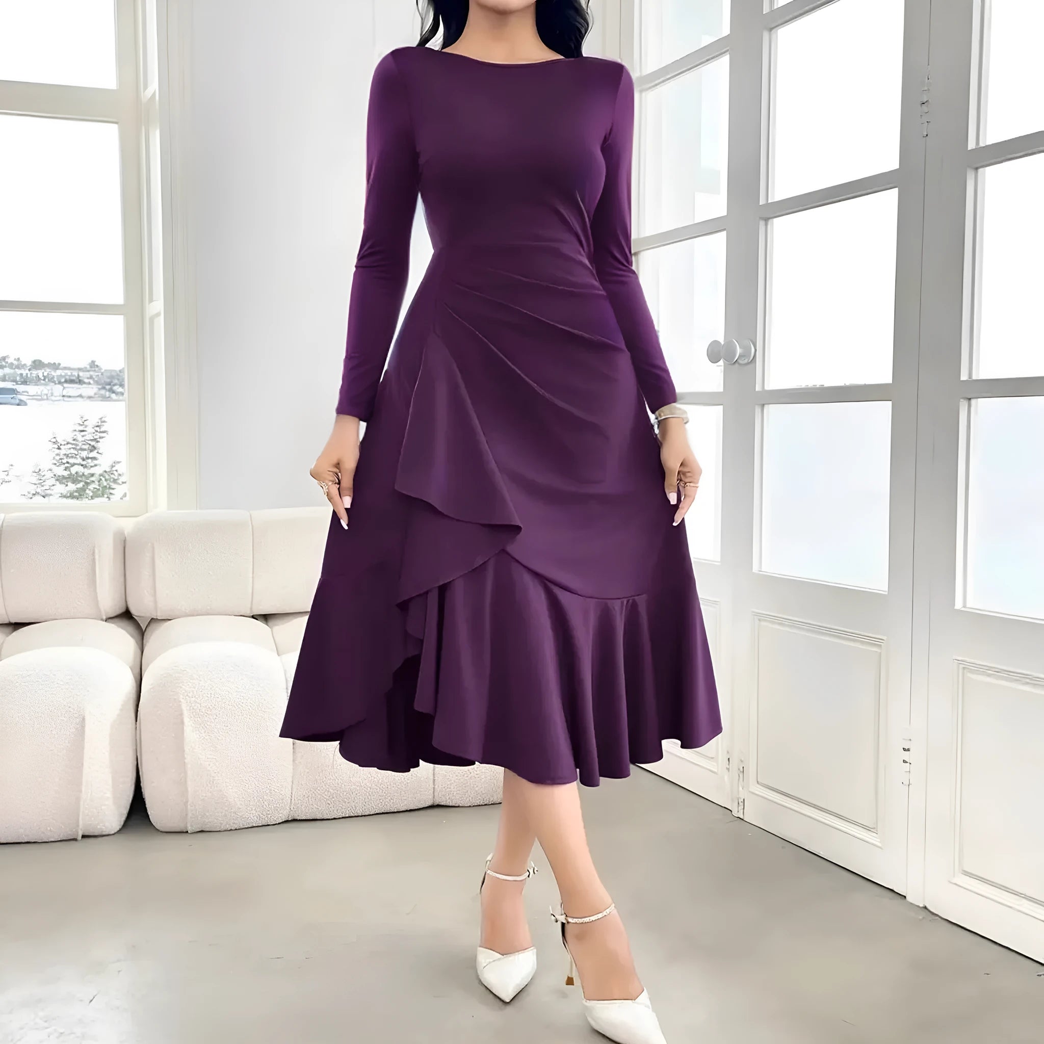Purple women's dress with long sleeves, ruffle detailing, and mid-waist design