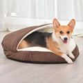 Brown removable cloth dog kennel bed with washable cover shown in a home setting.