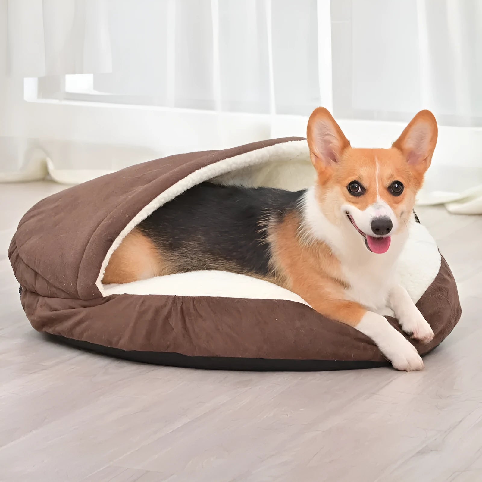 Brown removable cloth dog kennel bed with washable cover shown in a home setting.