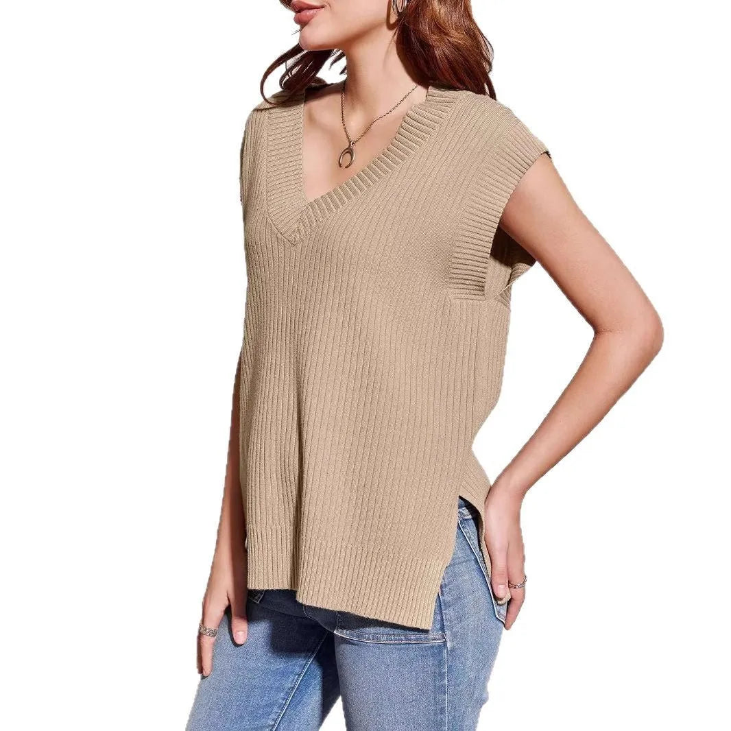 Women's V-neck sleeveless pullover vest in camel colour with loose fit design
